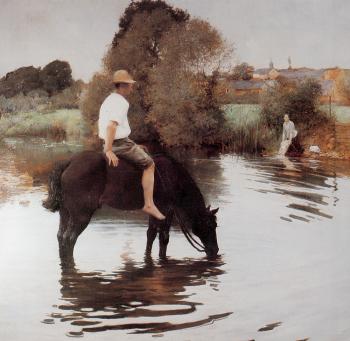 Muenier Jeune paysan faisant boire son cheval
